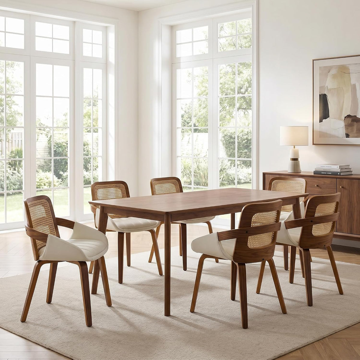 DUOMAY Modern PU Leather Dining Chairs Set of 4, Cane Back Room Chairs with Solid Wood Legs Kitchen Chairs for Living Room, Restaurant, White