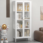 UNICOLY Display Cabinet with Glass Doors, Glass Display Cabinet 4-Tier, Metal Curio Display Cabinet with Tempered Glass Doors for Living Room, Plant, Display Shelf, Assembly Required, White