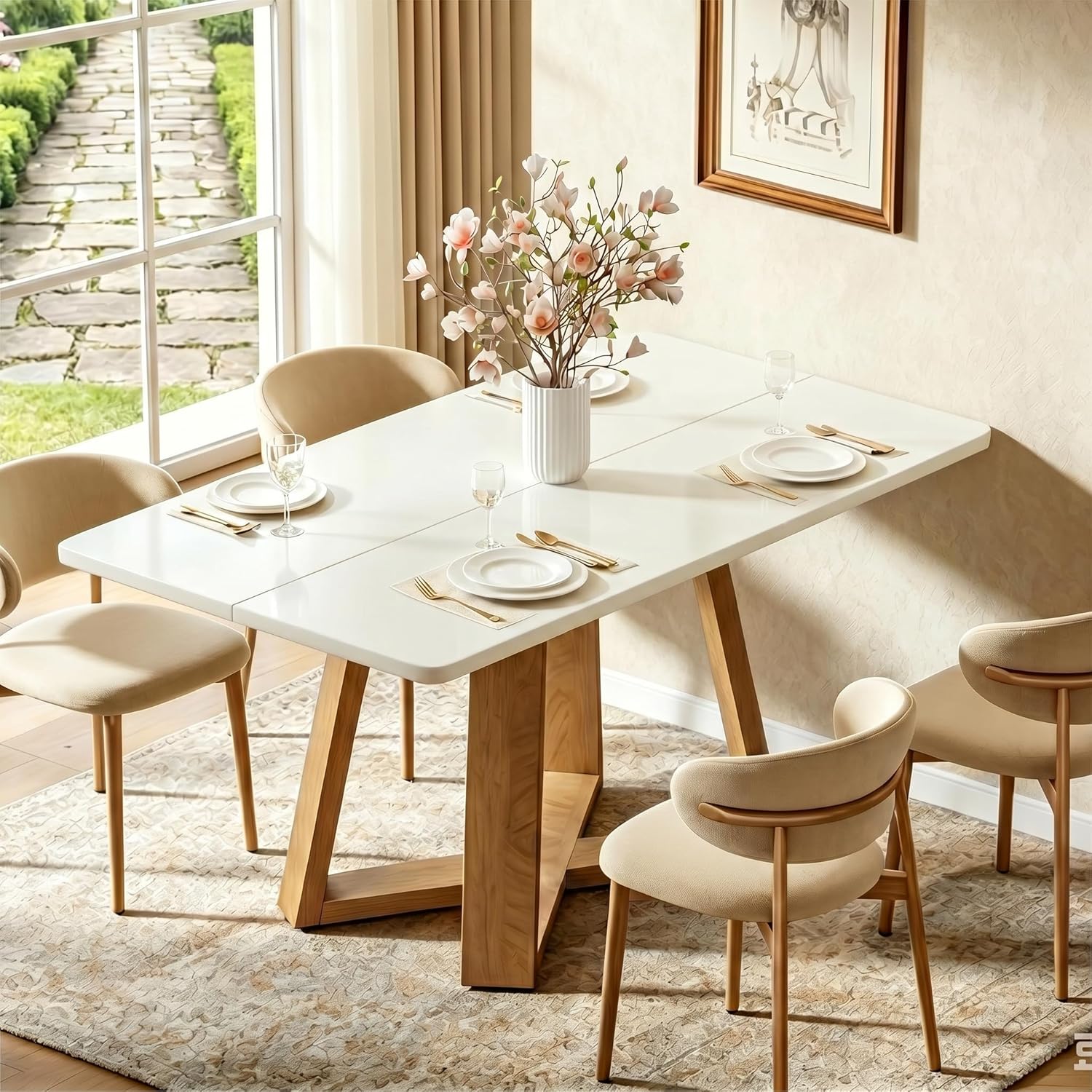 Tribesigns Dining Table for 4, 47.3 Inch Rectangular Farmhouse Kitchen Table with Gloss White Tabletop & Natural Wood Legs, Perfect for Kitchen, Dining Room, Living Room, or Apartment
