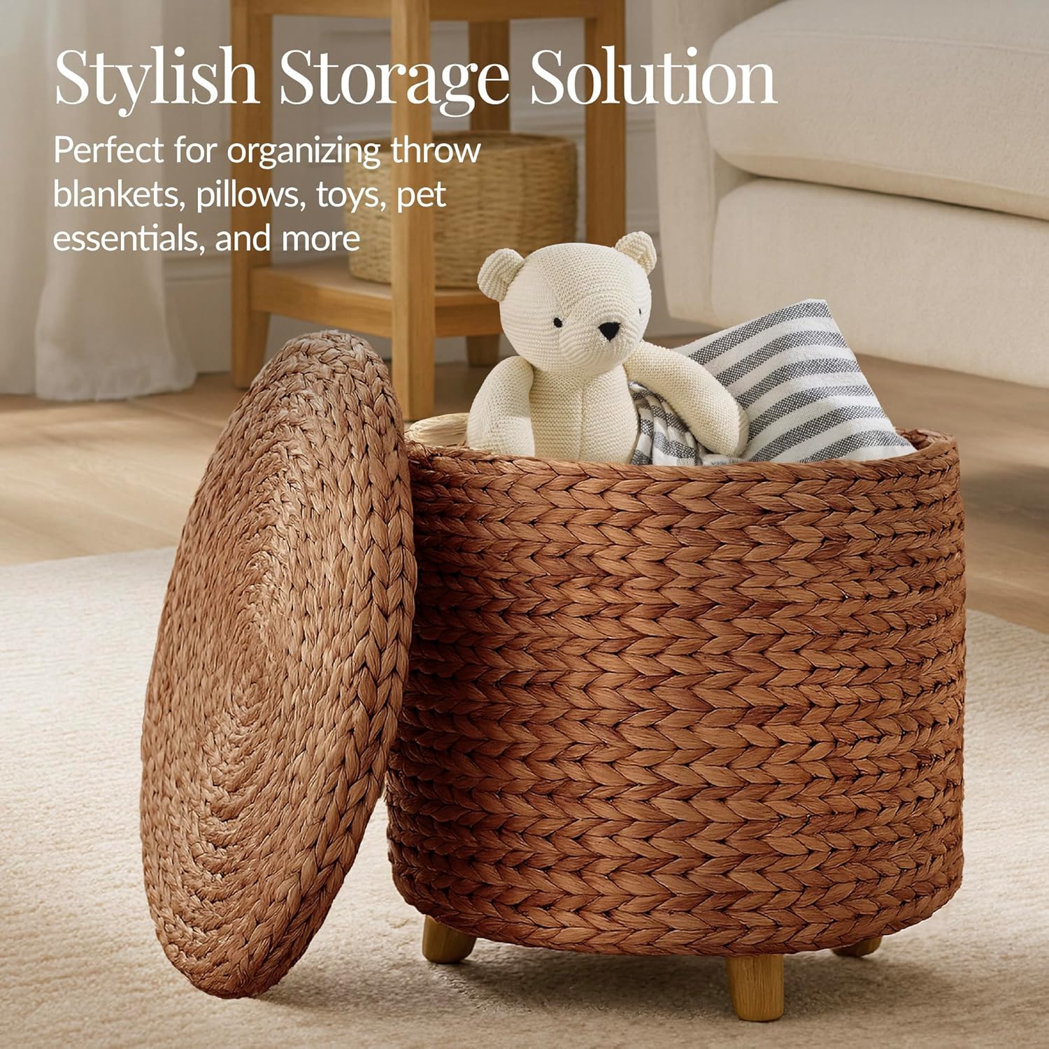 Best Choice Products 17" Round Storage Ottoman W/Lid, Handwoven Water Hyacinth Footstool, Footrest w/Wooden Legs, Accent Side Table, Storage Container, Plant Stand - Chestnut
