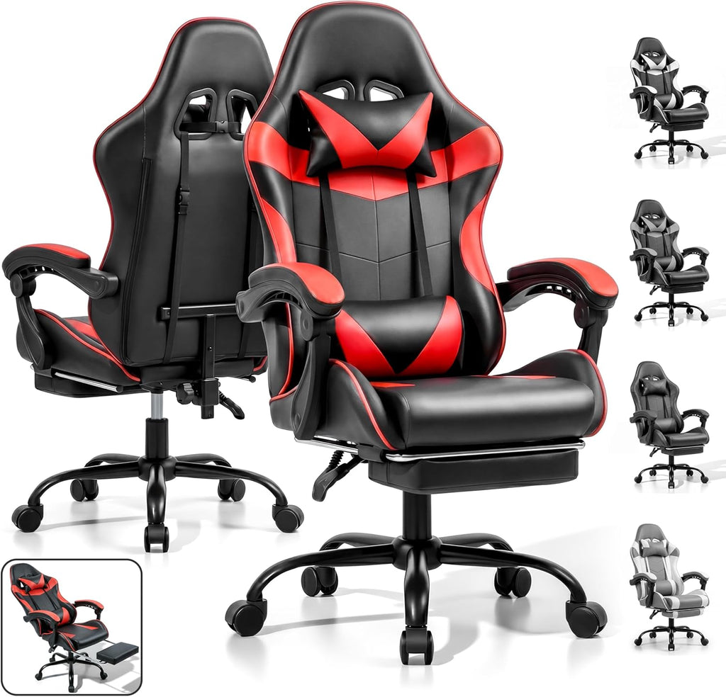 Gaming Chair, Ergonomic Footrest, Lumbar & Headrest(Red Black) | Steel frame, PVC leather & memory foam; 330 lb; 21" seat; 360° swivel, 90–155° recline; easy assembly; gaming & work