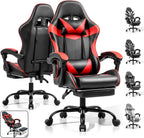 Gaming Chair, Ergonomic Footrest, Lumbar & Headrest(Red Black) | Steel frame, PVC leather & memory foam; 330 lb; 21" seat; 360° swivel, 90–155° recline; easy assembly; gaming & work