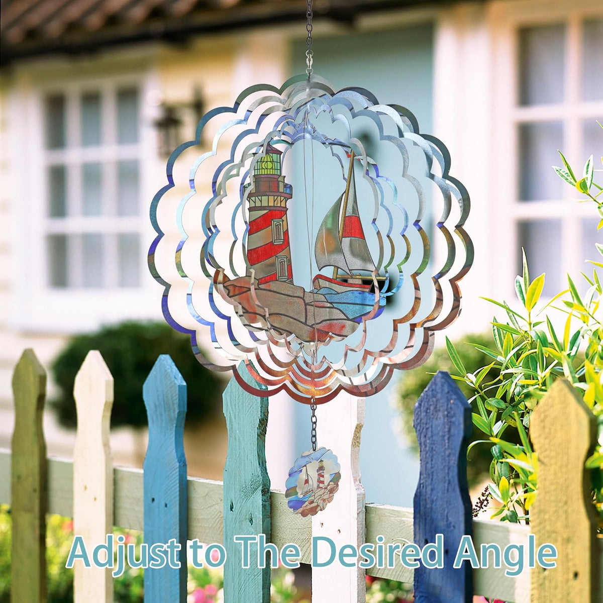 Lighthouse 3D Wind Spinner Kinetic Metal Art Hanging Wind Spinner Outdoor Decoration Ocean Ornaments Decor for Yard and Garden