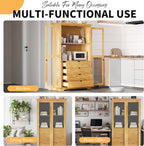 44.7" Wide Pine Wood Kitchen Pantry Cabinet with Glass Doors 4 Drawers and Shelf Freestanding Farmhouse Storage Cabinet for Kitchen Dining Living Room Display Organizer Natural