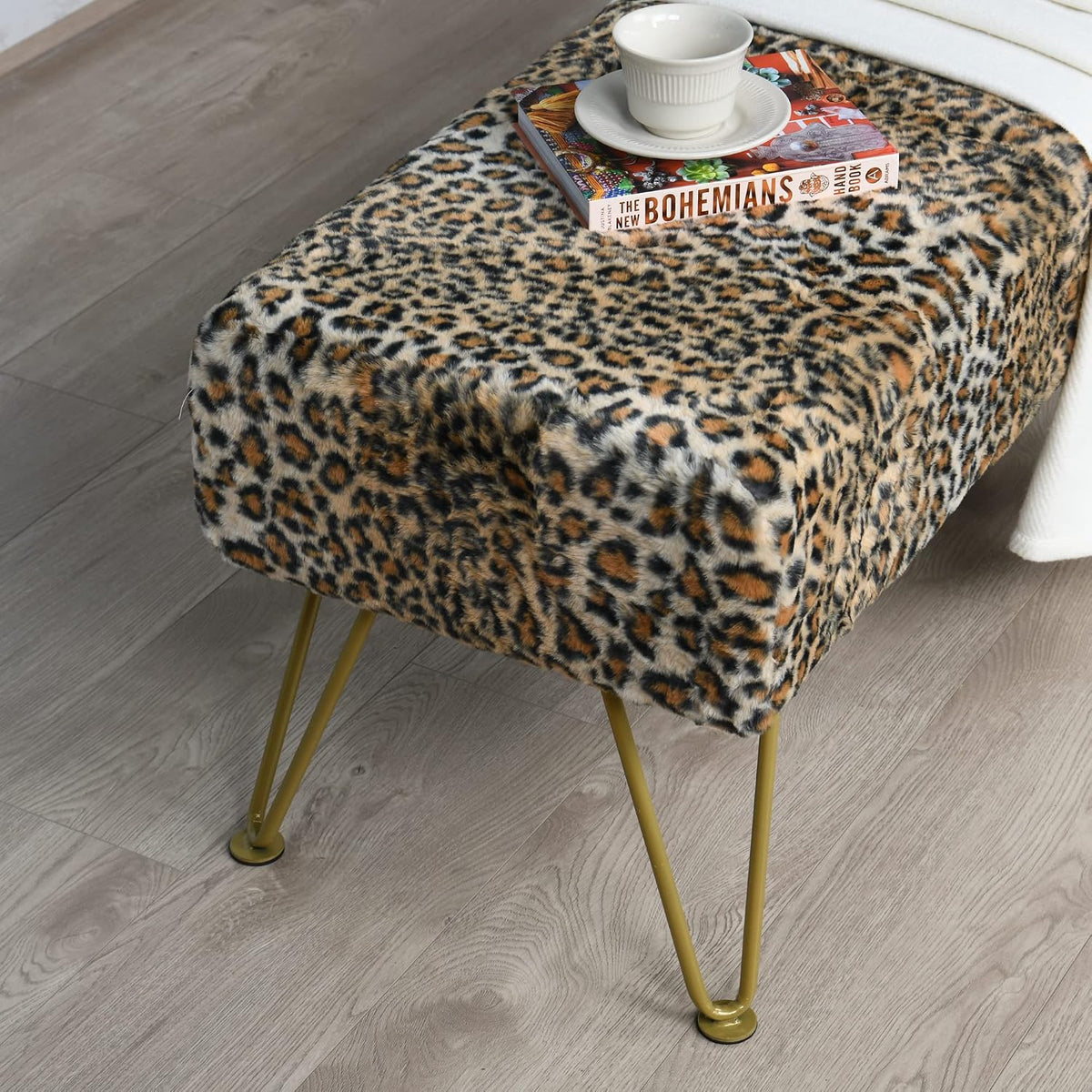 Leopard Print Rectangle Ottoman 46"x16"x17" Faux Fur Entryway Bench Footrest Stool Accent Seating Cheetah Furry Ottoman Bedroom Vanity End of Bed for Bathroom Living Room Decor