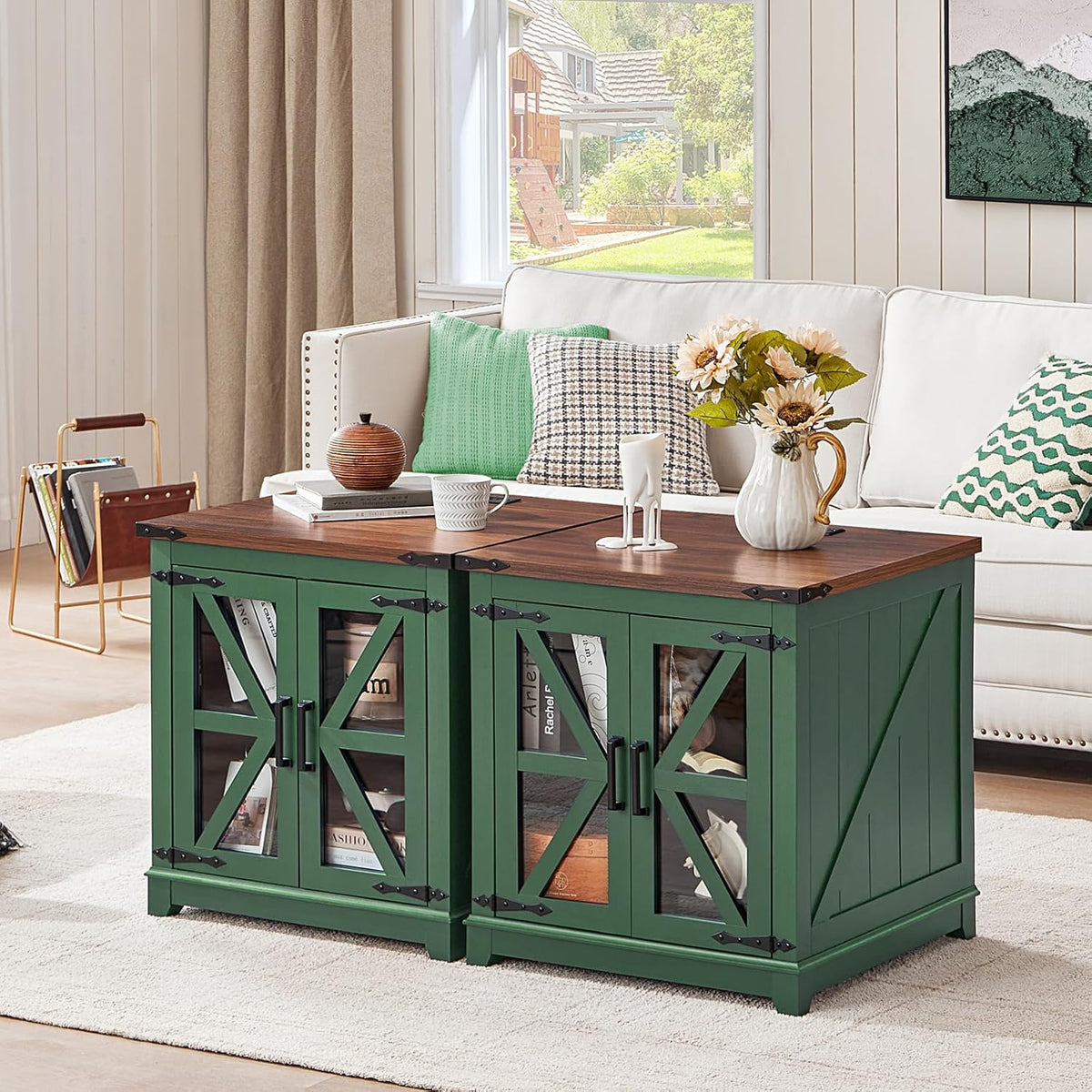 Joaxswe Farmhouse End Table, 24" Large Sofa Side Table with Charging Station Glass Barn Door, Wood Nightstand with Adjustable Storage Shelf, Square Bedside Table for Living Room, Bedroom, Office-Green