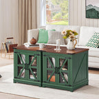 Joaxswe Farmhouse End Table with Charging Station, 24" Large Sofa Side Table with Glass Barn Door, Green Nightstand with Adjustable Storage Shelf, Wood Square Bedside Table for Living Room, Bedroom