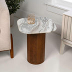 JONATHAN Y Milos Natural White Marble Square Top End Table with Honey Wood Cylinder Pedestal Base, 18" Modern Side Table for Living Room, Bedroom, and Small Spaces END5004B