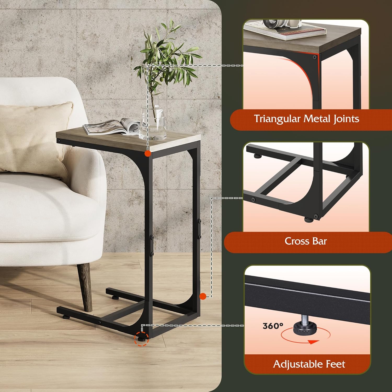 WLIVE C Shaped End Table, Small Couch Side Tables with Metal Frame, Sofa Table TV Tray for Living Room, Bedroom, Greige