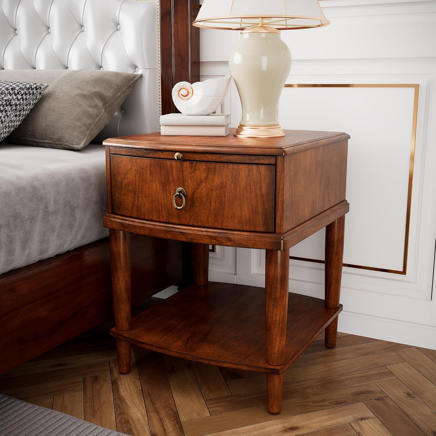 LEEMTORIG Set of 2 Large Cherry Wood Side Table with Pullable Desktop, 2-Tier End Table with Storage Drawer, Rustic Wooden Nightstand for Living Room Bedroom, 18.1"W x 20.1"D x 22.8"H, CJZ-A1569-MG