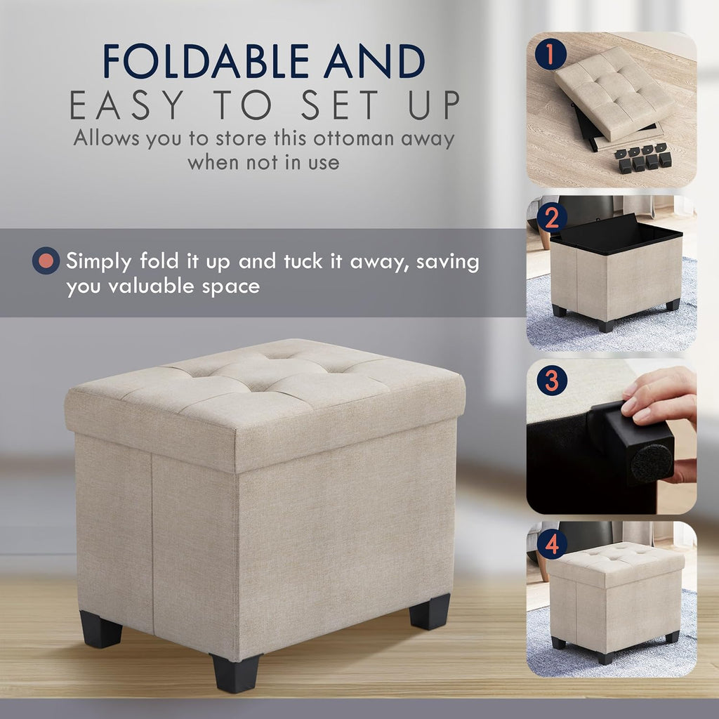 Ornavo Home Small Rectangle Storage Ottoman with Legs, 12x16x12, Beige | Foot Rest Stool Seat; Holds Up to 600 lbs; Ideal for Living Room, Bedroom, Home Office or Dorm