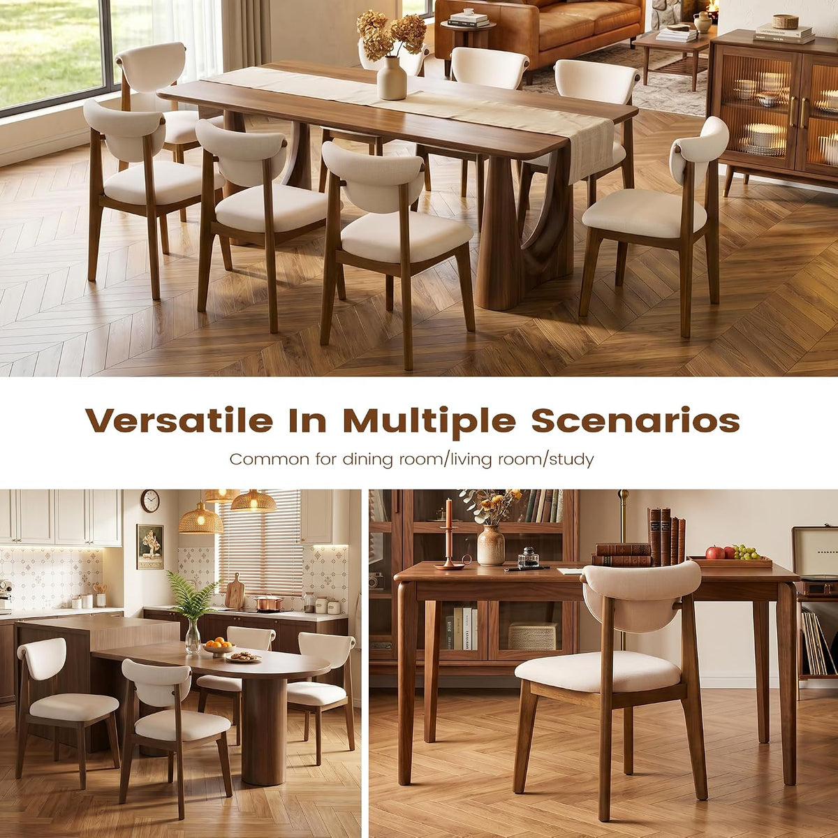 Dining Chairs Set of 6, Solid Rubberwood Kitchen Chairs with Lumbar Support High Back, Breathable Cotton Fabric Seat Cushion, Mid-Century Modern Accent Furniture for Dining Room Living Room Home,Beige