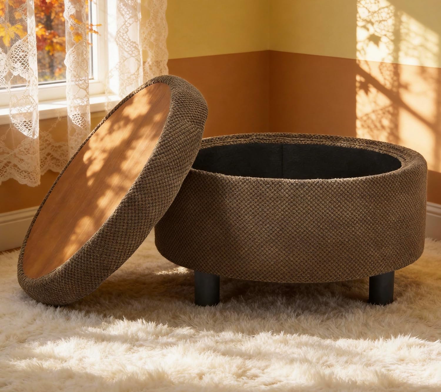 25'' Round Storage Ottoman with Reversible Tray Lid, Tufted Footrest Stool with Hidden Storage, Couch Side Table for Low Tea (Coffee)