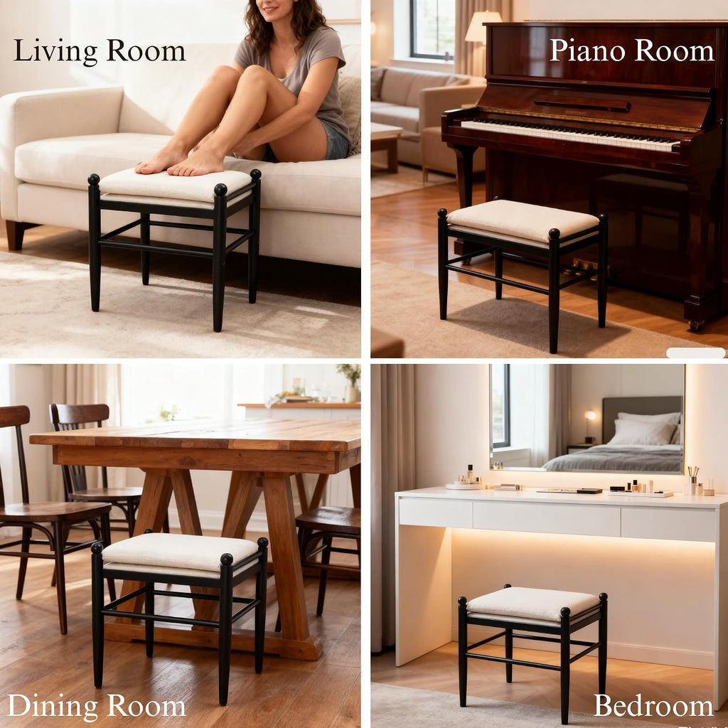 Ottoman Footrest, 19 Inch Upholstered Vanity Bench Seat, Backless Makeup Stool with Solid Wood Legs for Dining Room/Bedroom/Living Room/Entryway,Black Frame/White Linen