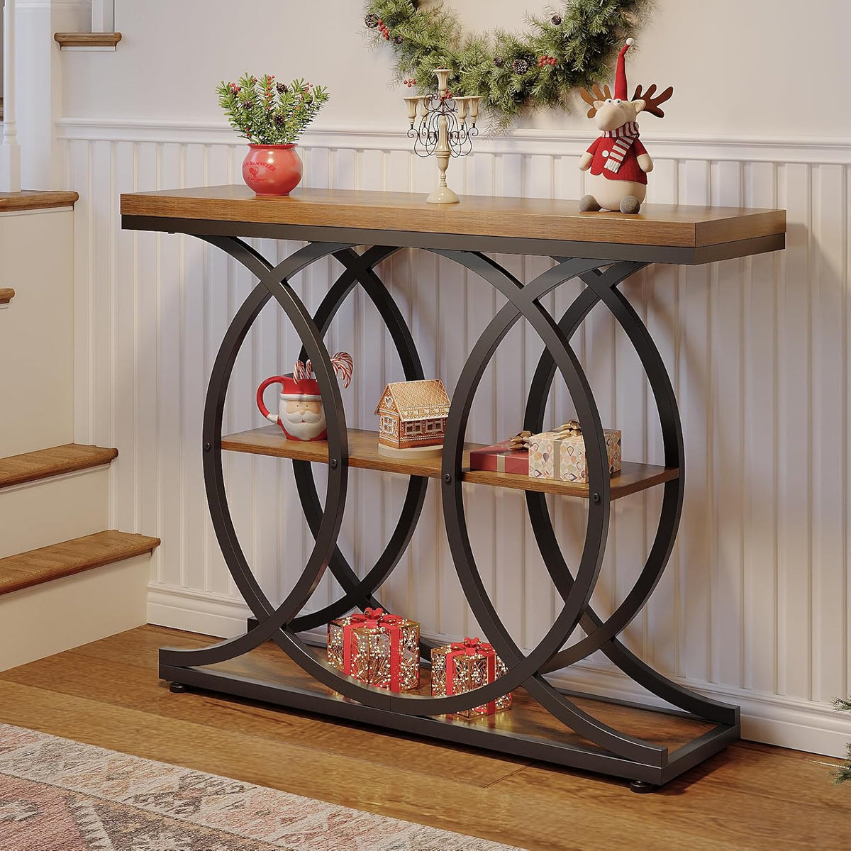 GiftGo Narrow Console Table for Entryway Industrial 3-Tier Sofa Table Behind Couch with Circle Base Wooden Accent Wall Tables with Storage Shelves for Living Room, Hallway, Foyer (Rustic Brown)