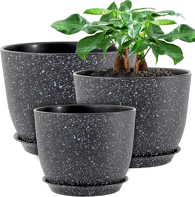 12/10/9 Large Modern Plant Pots, Plastic Planters with Drainage Holes and Saucers for Indoor Outdoor Plants Flowers, Black Speckles