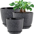 12/10/9 Large Modern Plant Pots, Plastic Planters with Drainage Holes and Saucers for Indoor Outdoor Plants Flowers, Black Speckles