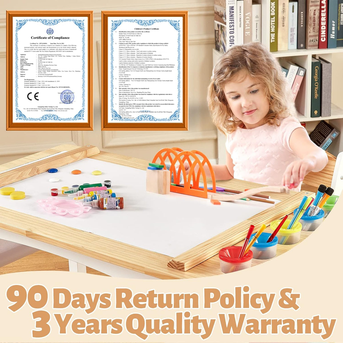 FUNLIO Wooden Kids Art Table & 2 Chairs Set, Kids Craft Table with Large Storage & Paper Rolls for Ages 3-8, Toddler Drawing Table Solid Wood, Easy to Assemble/Clean, CPC & CE Certified