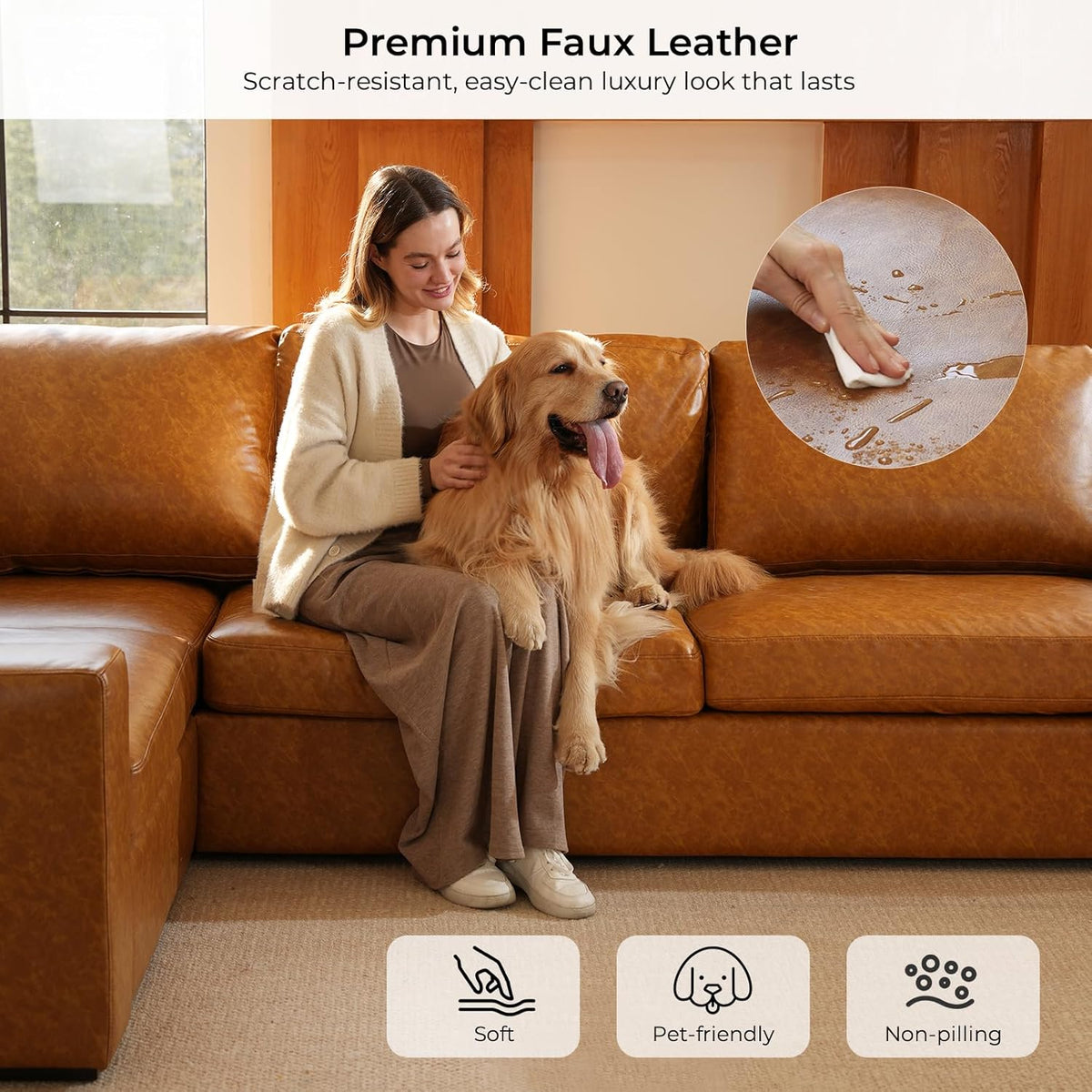ELUCHANG 113" V-Shaped Modular Sectional Sofa Couch, Modern 4-Seat Premium Faux Leather Deep Seat Sofa with Corner, Removable Cover, Easy Assembly, Large Sofas & Couches for Living Room, Office, Brown