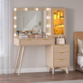 BORNOON 45” Fluted Makeup Vanity Desk with Mirror and Lights, Glass Top Dressing Table with 5 Drawers, LED Lighted Adjustable Cabinet, Trays & Charging Station for Bedroom Dressing Room