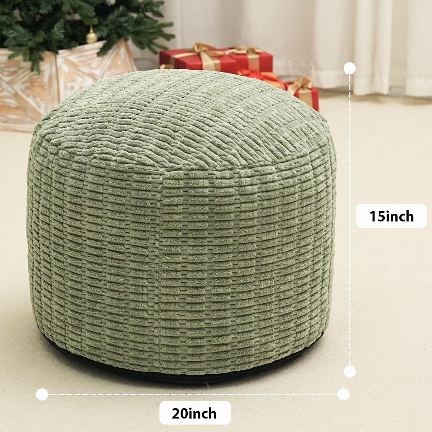 Round Stuffed Pouf Ottoman for Foot Rest 20" X 15" Faux Fur Poufs, Green | Storage Ottoman Pouf Foot Stool Cushion with Foam Chunk Filling, Floor Chair for Living Room Bedroom Home Decor