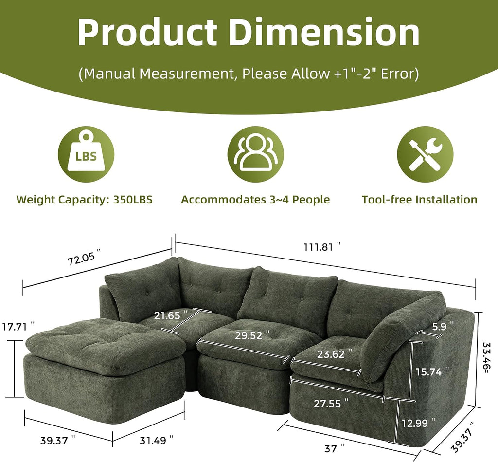Modular Sectional Sofa with Ottoman, 112 Inch, Blackish Green