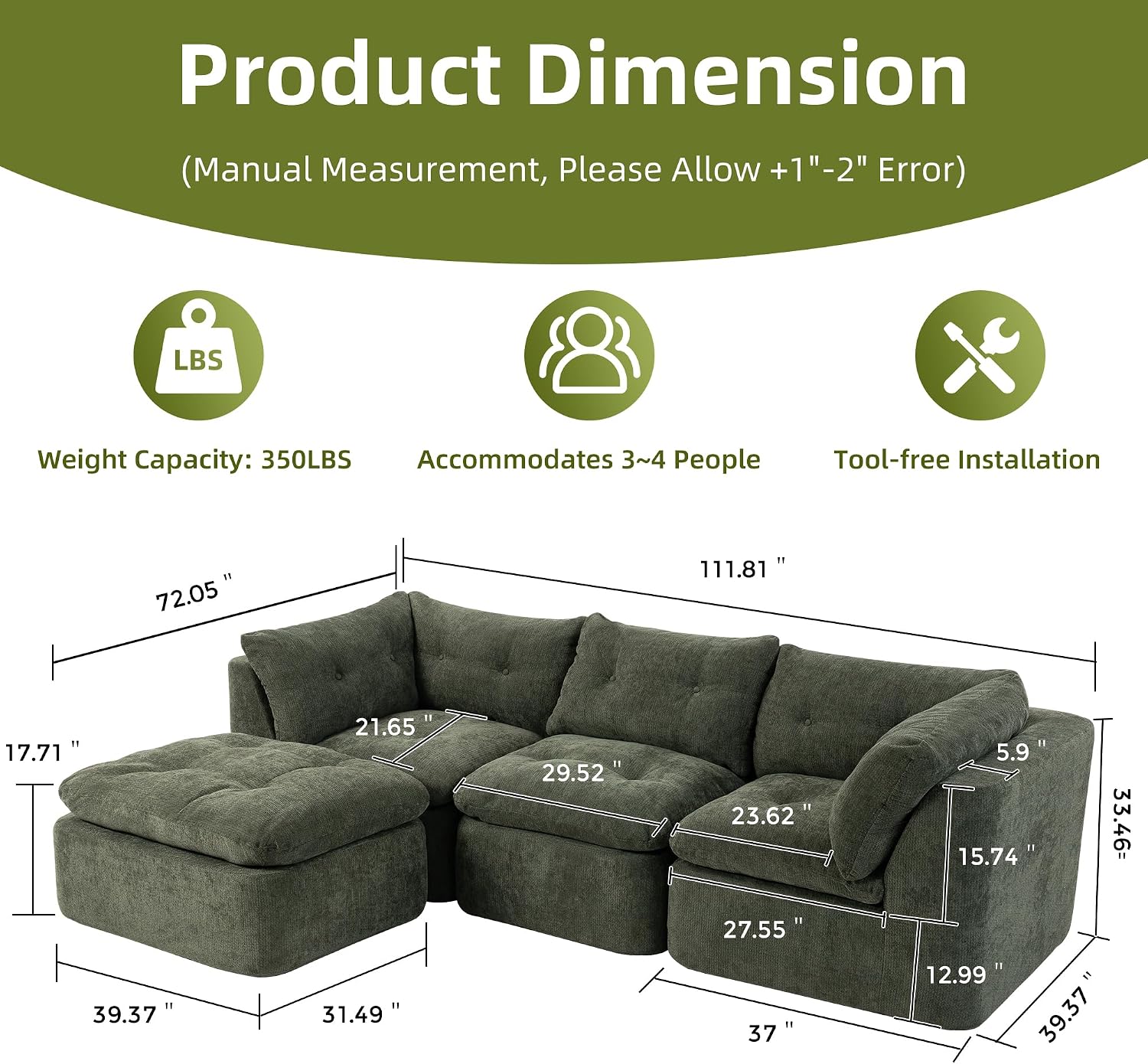 Modular Sectional Sofa with Ottoman, 112 Inch, Blackish Green