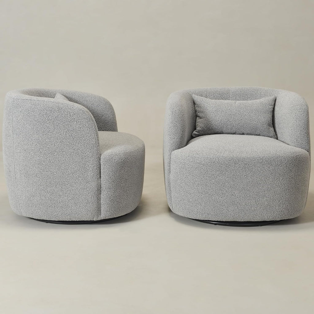 KINWELL 34" Wide Sherpa Swivel Barrel Chairs Set of 2, No Assembly Round Boucle Upholstered Accent Chairs Armchairs Single Sofa Chair with Toss Pillow for Living Room and Bedroom, Gray