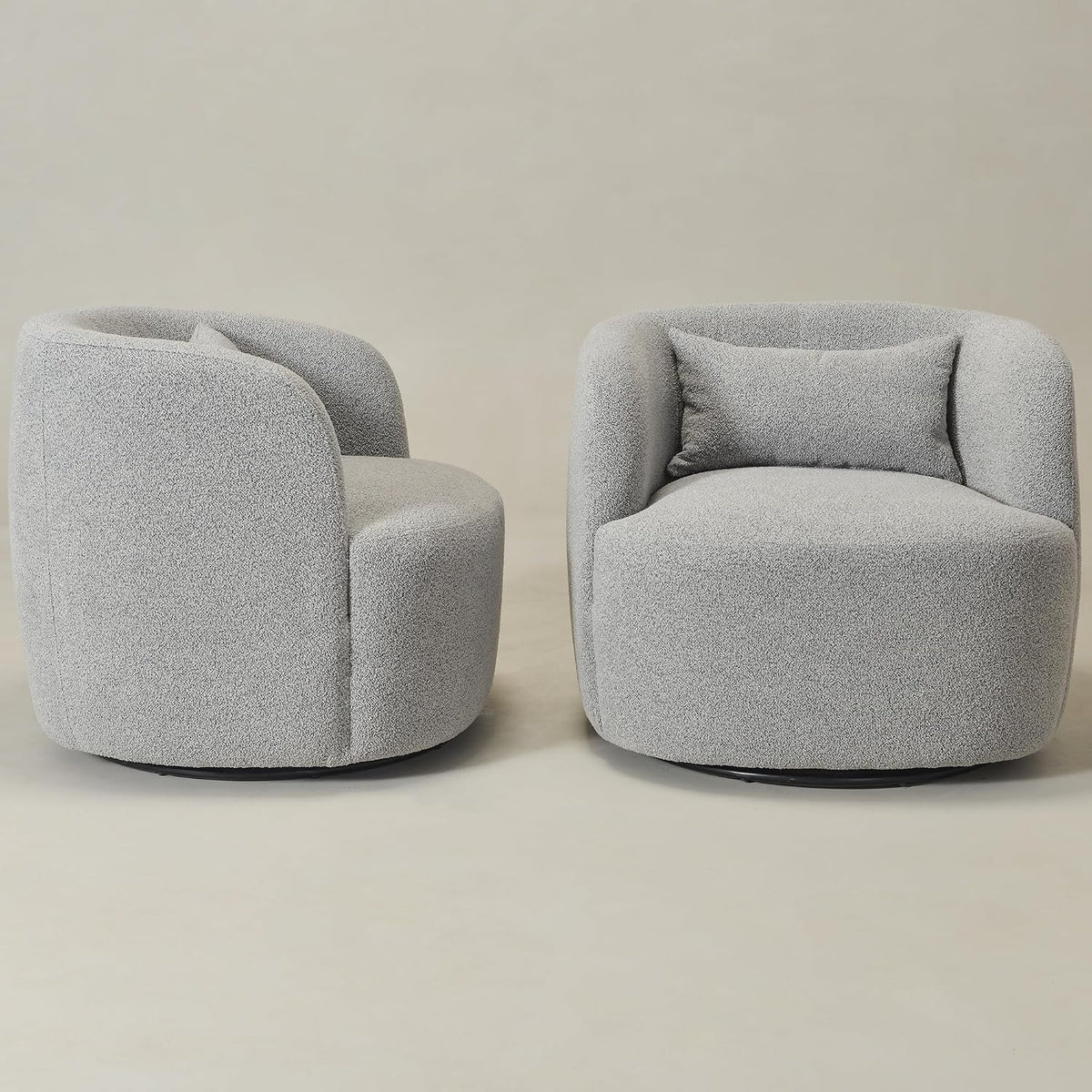 KINWELL 34" Wide Sherpa Swivel Barrel Chairs Set of 2, No Assembly Round Boucle Upholstered Accent Chairs Armchairs Single Sofa Chair with Toss Pillow for Living Room and Bedroom, Gray