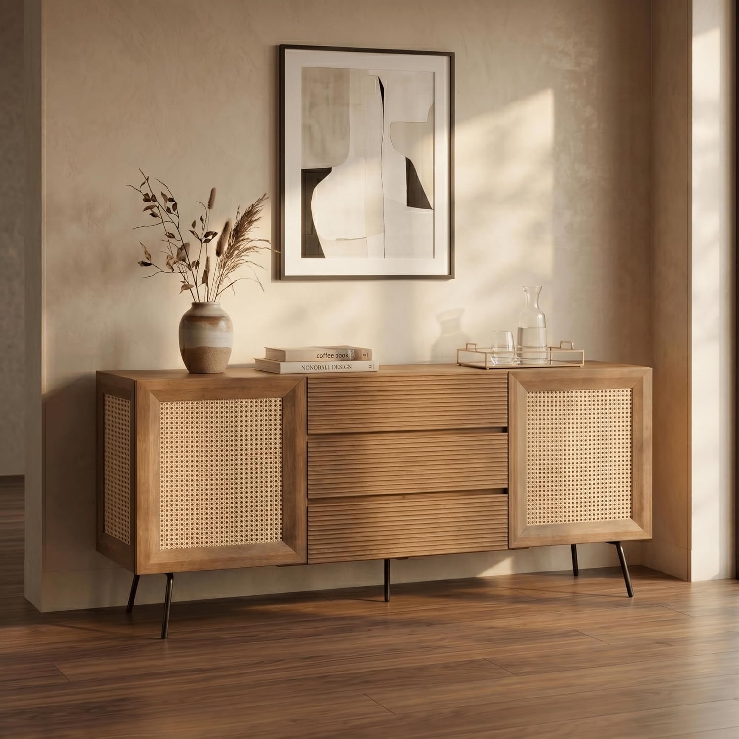 NTC MOSSIC Modern Large Sideboard with 2 Doors 3 Drawers, Natural Rattan Storage Cabinet, Buffet with Metal Legs, Boho Accent Cabinet for Living Room, and Entryway, Effortless Assembly, Teak Look