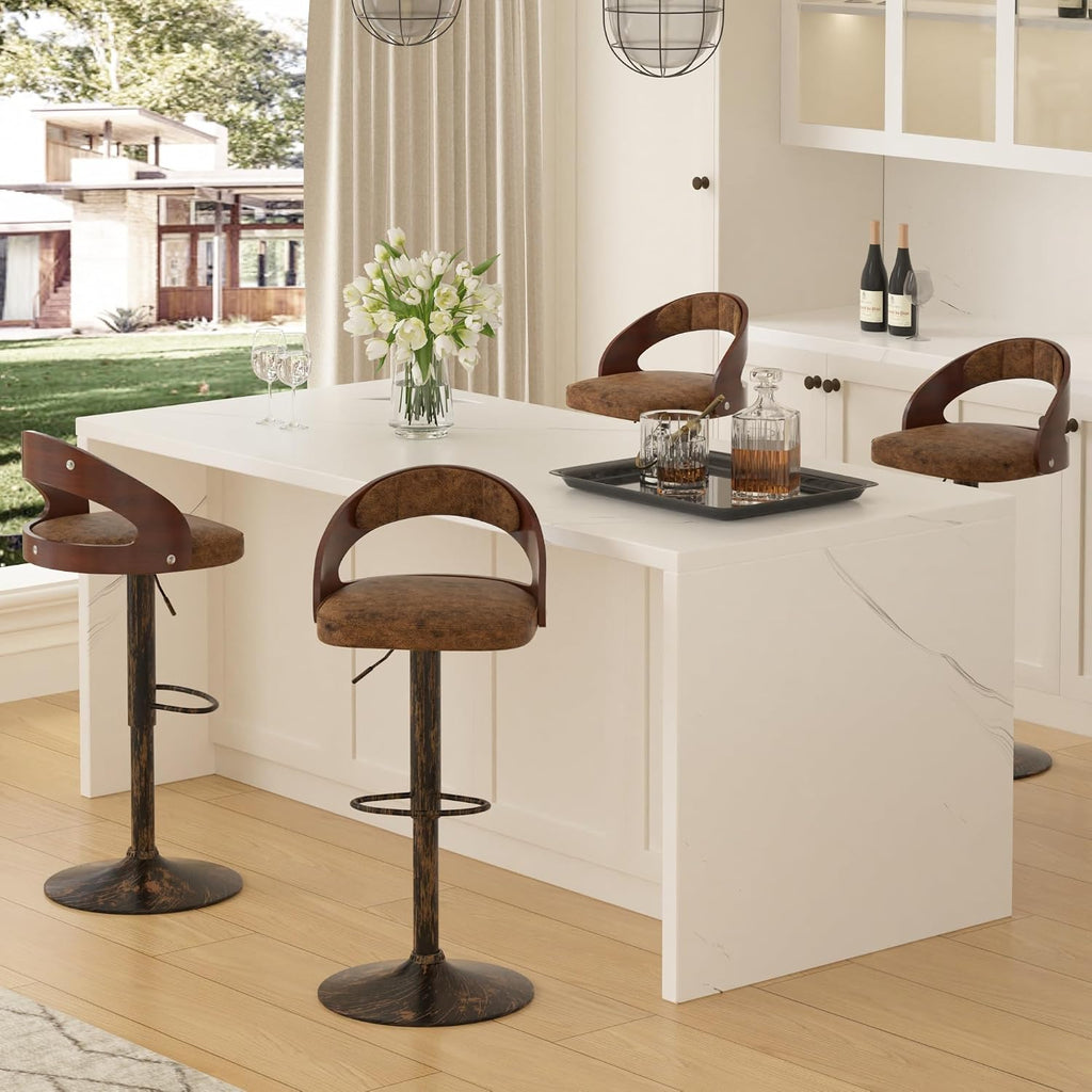 VECELO Bar Stool Set of 2,Kitchen Island Stools with Bentwood Back,Arm&Footrest,360°Swivel Counter Height Stools,PU Leather Cushion Seat Adjustable Height for Club Pub&Kitchen,Dark Brown