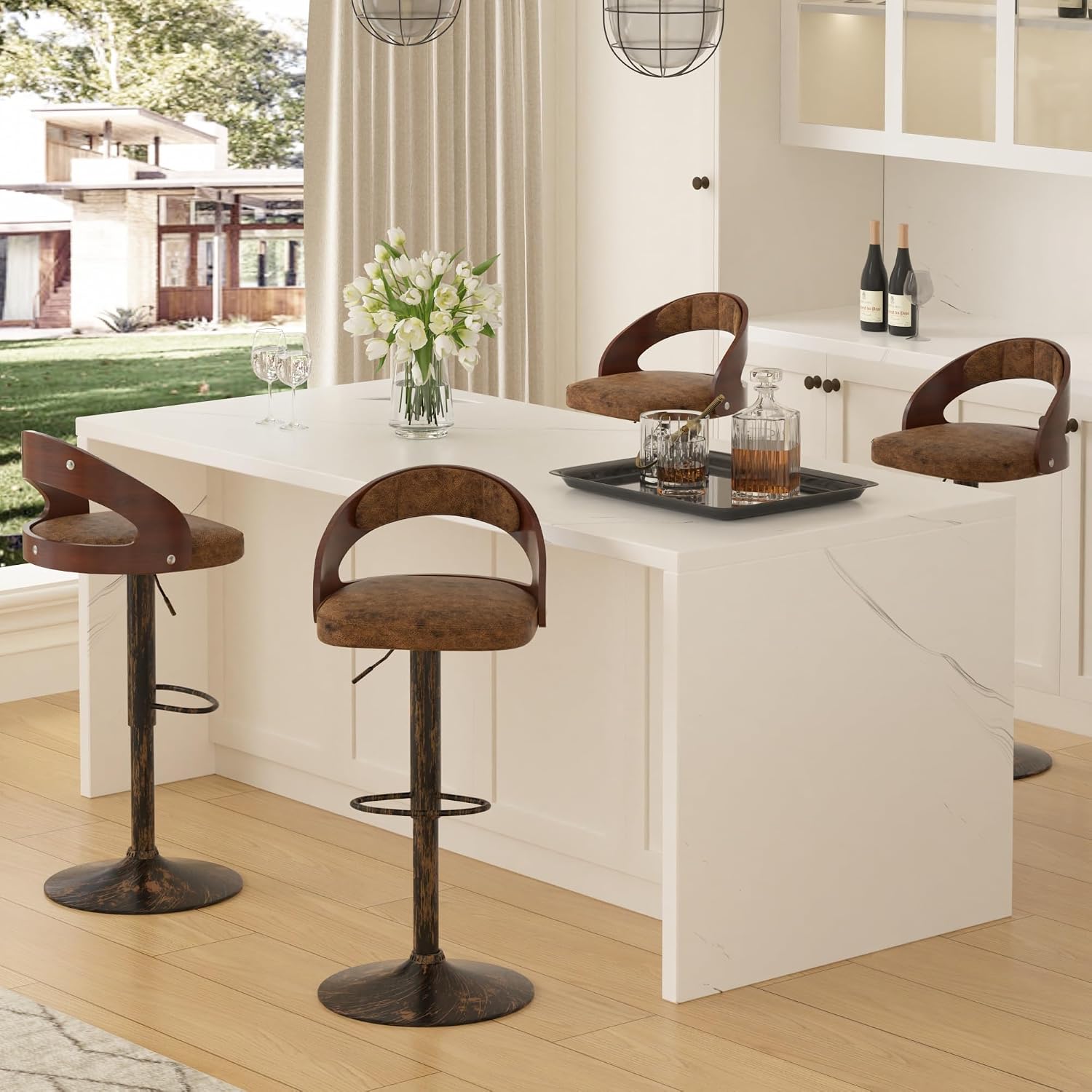VECELO Bar Stool Set of 2,Kitchen Island Stools with Bentwood Back,Arm&Footrest,360°Swivel Counter Height Stools,PU Leather Cushion Seat Adjustable Height for Club Pub&Kitchen,Dark Brown