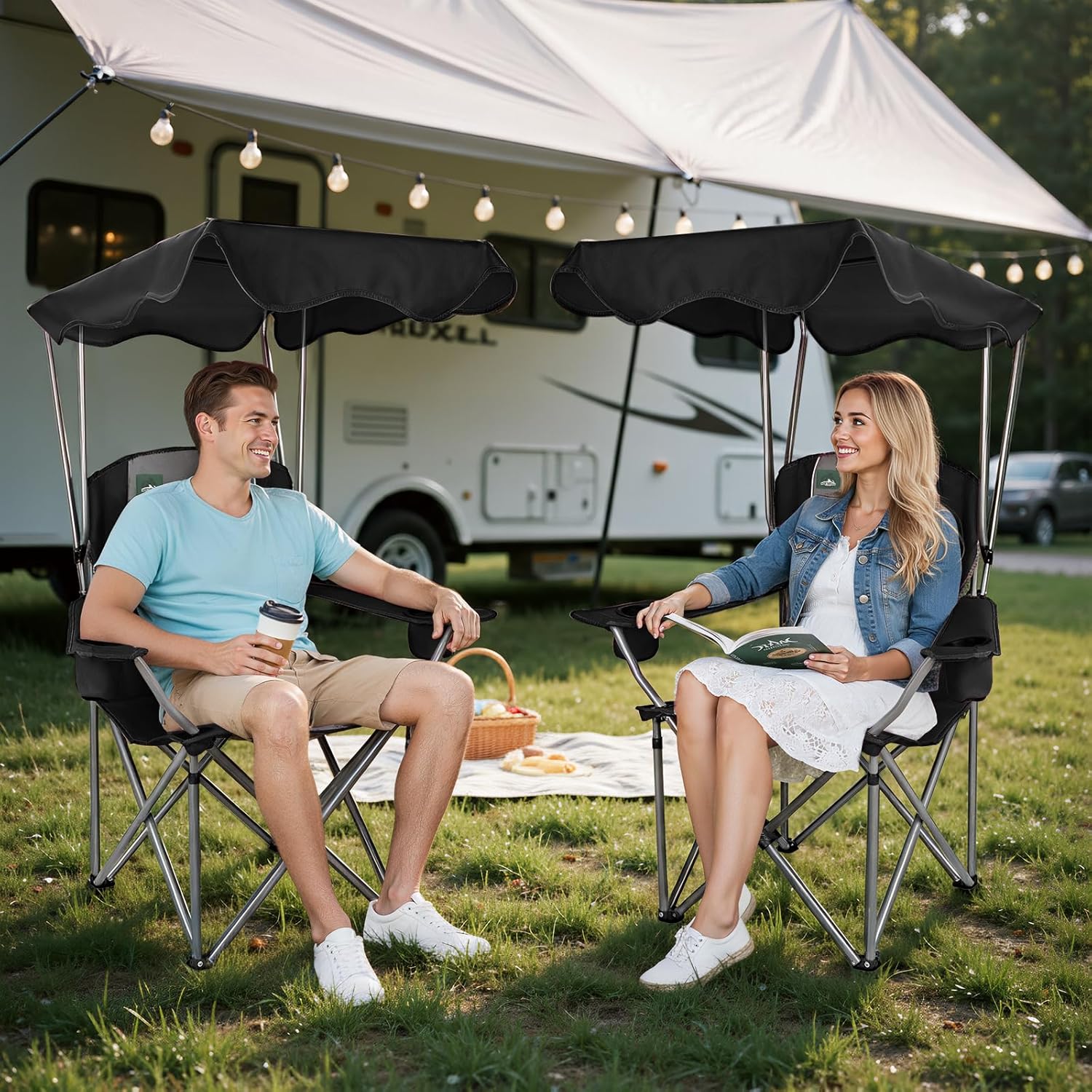 Northroad Folding Camping Chairs with Canopy Shade, Beach Chair w/Cup Holders, Armrests & Carry Bag for Outdoors Travel Sports Fishing, Black