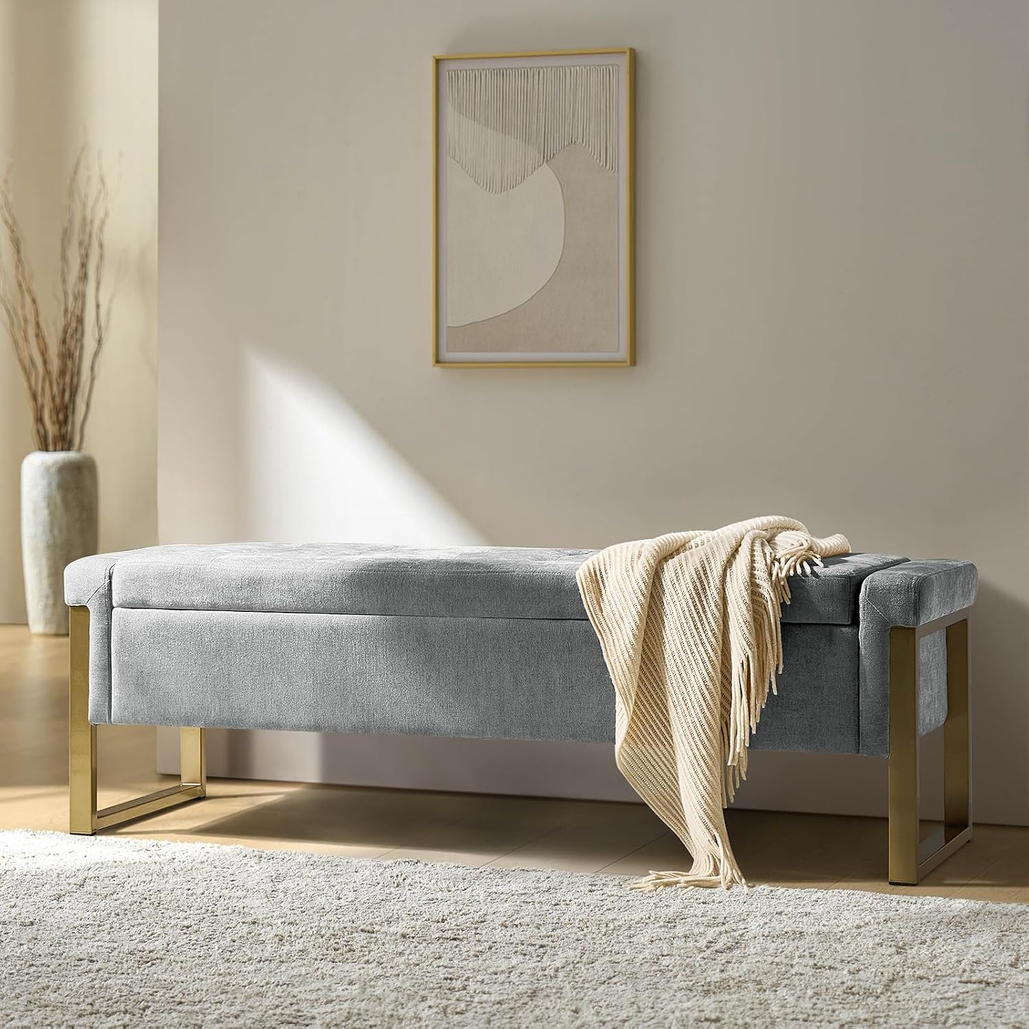 Modern Storage Ottoman Bench with Gold Metal Legs Upholstered Footrest End-of-Bed Bench with Hidden Storage, Hallway and Entryway Grey