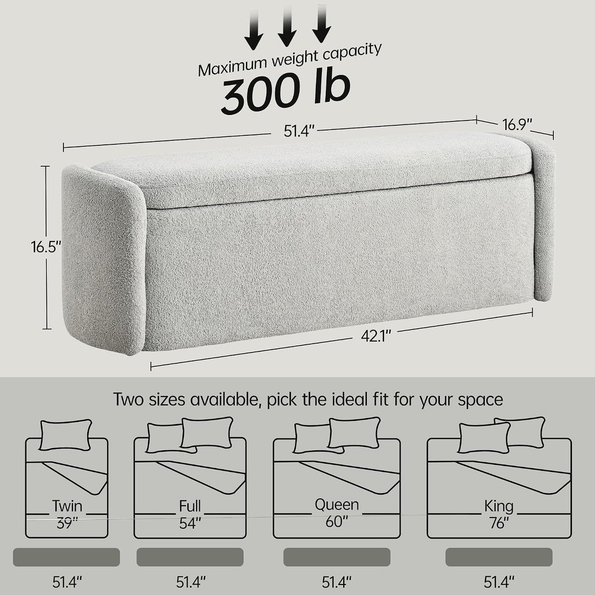 VKNOW Storage Bench, Upholstered Storage Ottoman Bench with Hinge, Grey | Ottoman Bench with Large Capacity, Curved Frame, King Size Bench, Storage Bench for Bedroom, Living Room, Entryway, Window