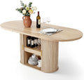DWVO 70.9" Oval Dining Table for 6-8, Modern T-Shaped Kitchen Table with Storage Shelves & Pedestal Base, Multi-Purpose Dinner & Office Table, Light Oak