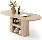 DWVO 70.9" Oval Dining Table for 6-8, Modern T-Shaped Kitchen Table with Storage Shelves & Pedestal Base, Multi-Purpose Dinner & Office Table, Light Oak
