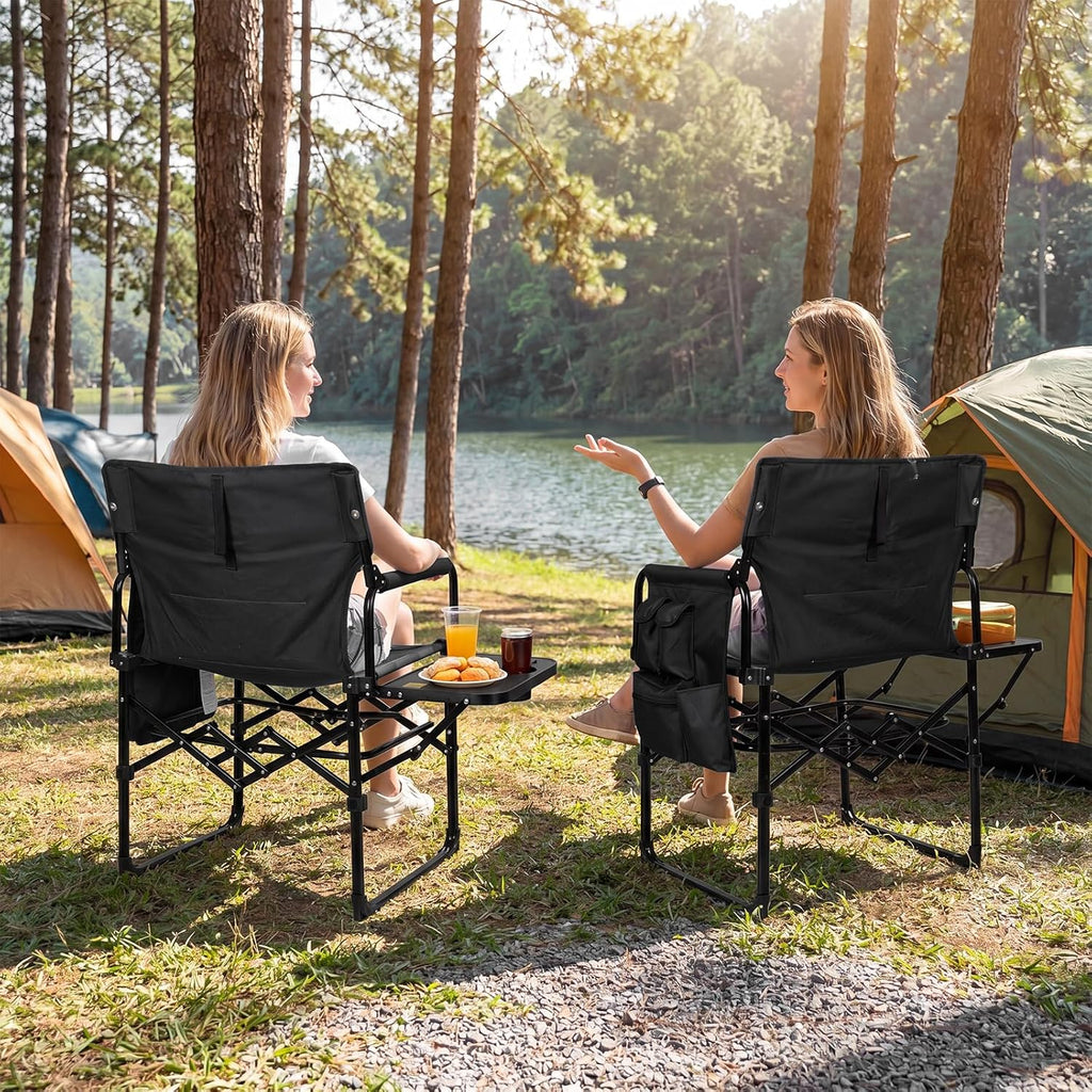 Romswi 2Pack Director Chairs for Outdoor, Folding Camping Chair, Compact Directors Chair Side Table and Side Bag, Heavy Duty Oversize Chair for Beach Fishing Picnic, Holds up to 400 lbs Black
