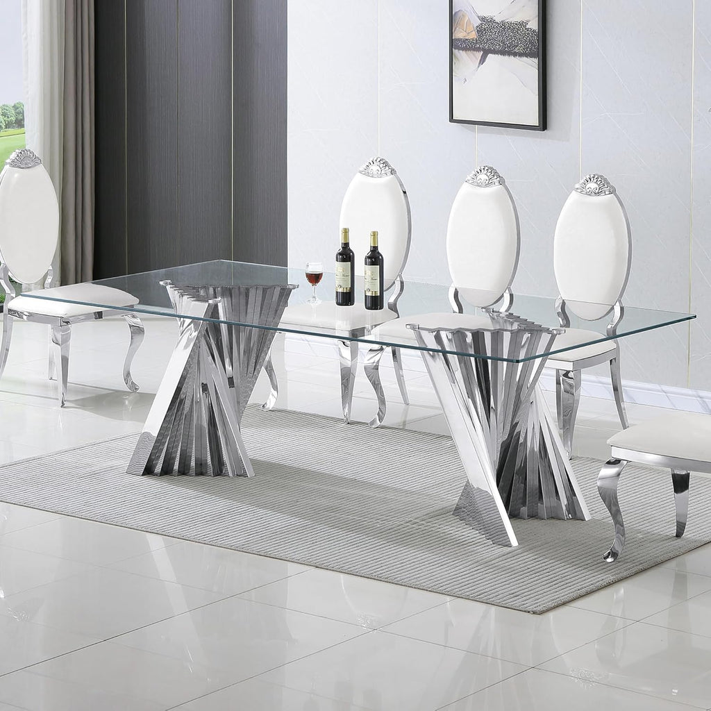 94" Glass Dining Table for 8-10, Large Luxury Kitchen Table with Tempered Glass Minimalist Tabletop and Silver Stainless Steel Pedestal for Dining Room (Table Only)
