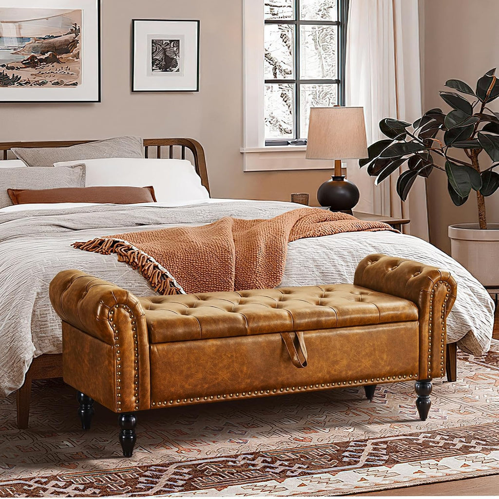 Furnimart Storage Bedroom Bench for End of Bed, Faux Leather Upholstered Storage Ottoman with Rolled Arms for Bedroom,Living Room, Entryway, 2.5Cubic Feet