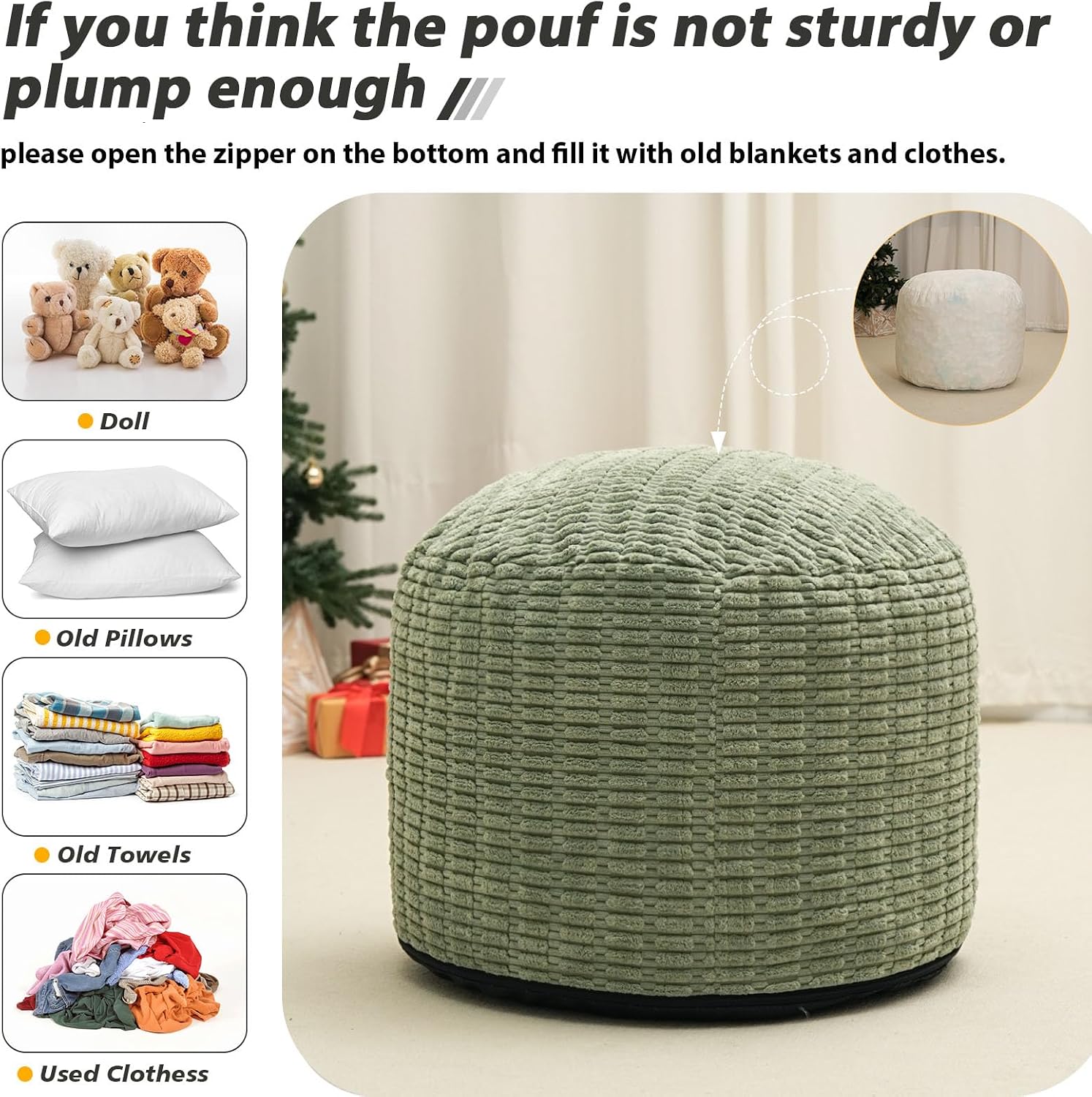 Round Stuffed Pouf Ottoman for Foot Rest 20" X 15" Faux Fur Poufs, Green | Storage Ottoman Pouf Foot Stool Cushion with Foam Chunk Filling, Floor Chair for Living Room Bedroom Home Decor