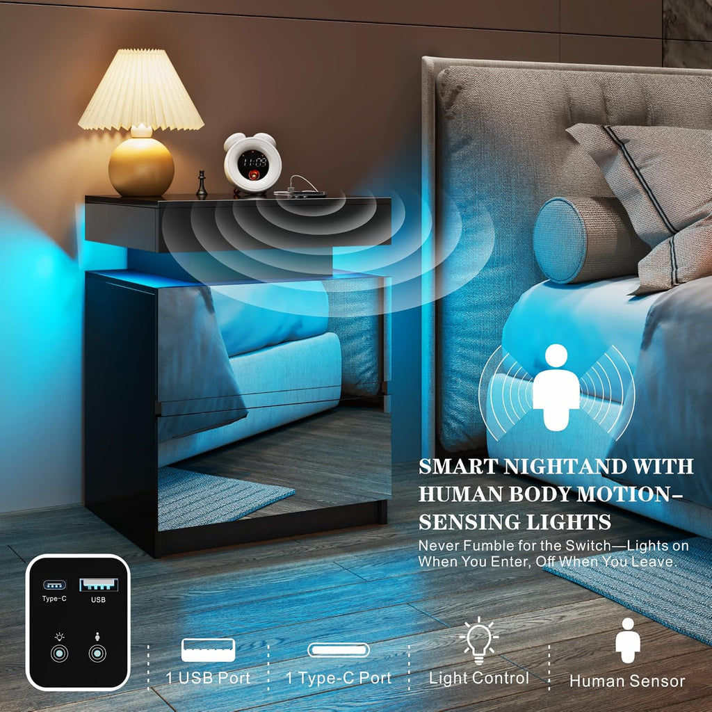 LED Nightstand - Bedside Table with Charging Station and 2 Mirrored Drawers Sliding Top with Magnetic Lock - Modern Night Stand for Bedroom & Living Room - Black
