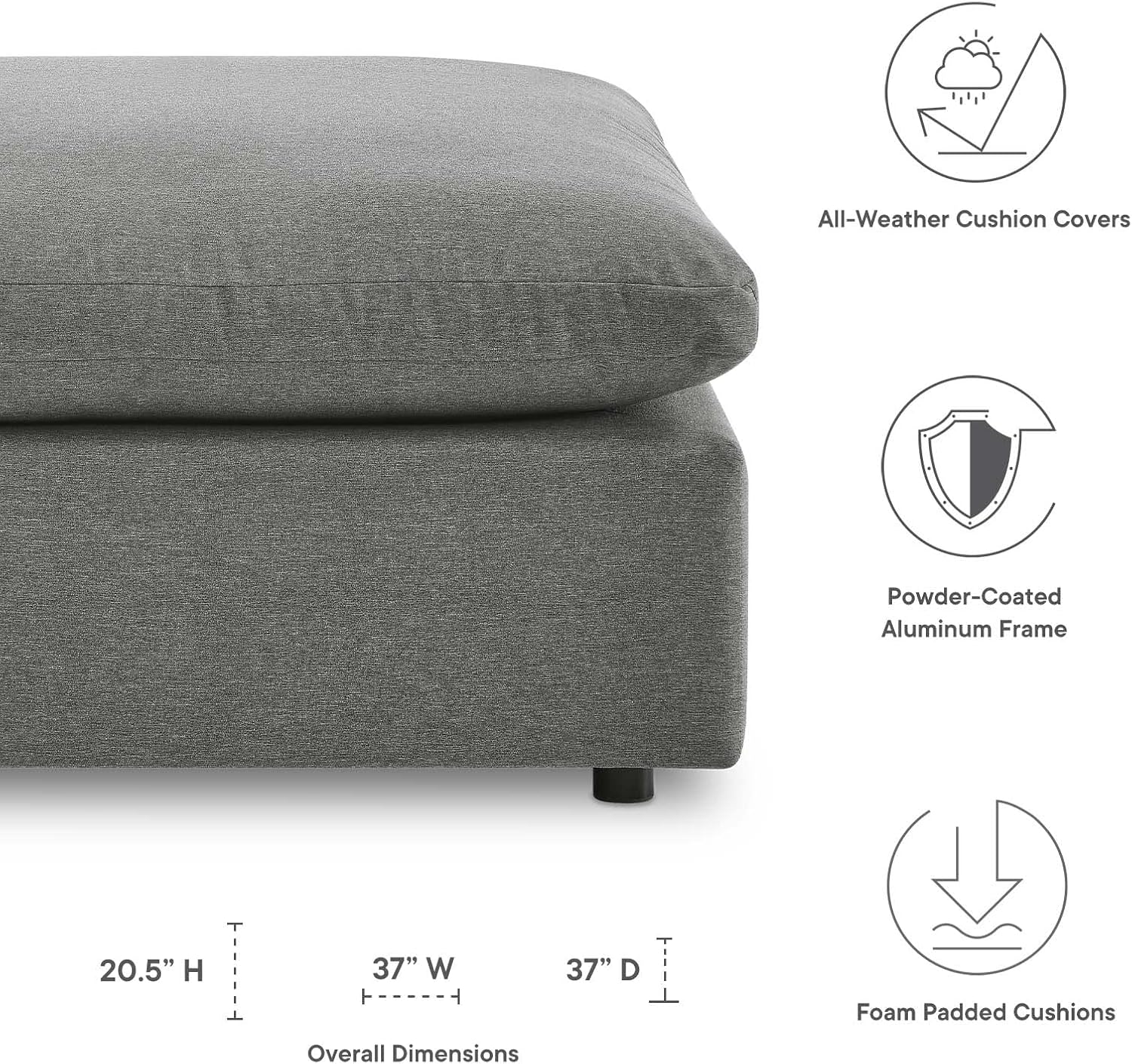 Modway Commix Outdoor Patio Overstuffed Sectional Sofa Ottoman in Charcoal