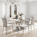 Modern Dining Chairs Set of 6, Light Grey Velvet Woven Kitchen Chair with Silver Metal Legs, Upholstered Cushion & High Back Design, Mid-Century Dining Chairs for Kitchen, Living Room