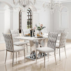 Modern Dining Chairs Set of 6, Light Grey Velvet Woven Kitchen Chair with Silver Metal Legs, Upholstered Cushion & High Back Design, Mid-Century Dining Chairs for Kitchen, Living Room