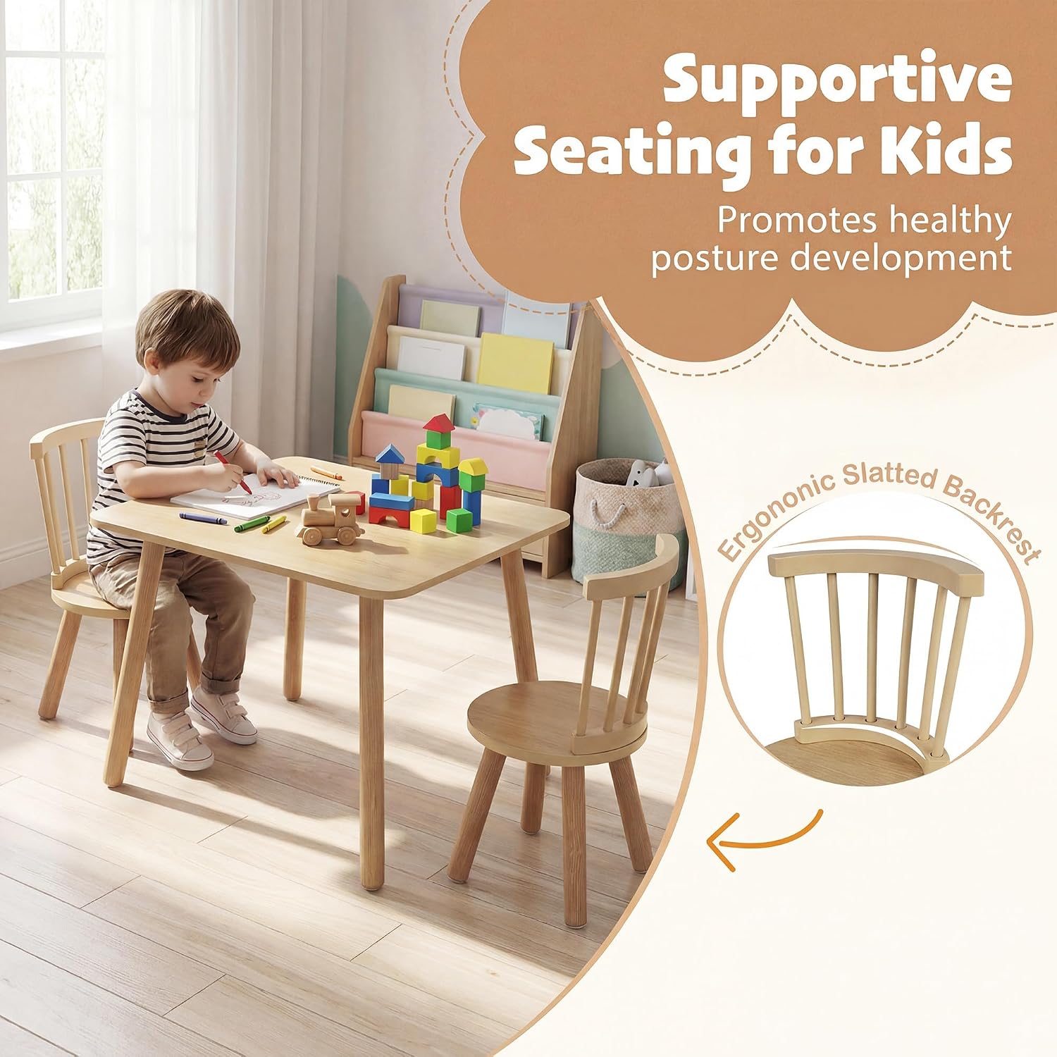 Costzon Kids Table and Chairs, 3 PCS Wooden Desk Set for Toddlers (Natural) | Pine Wood Frame, 2 Rounded Chairs, Nursery Children's Room Furniture for Arts, Crafts, Reading, Eating