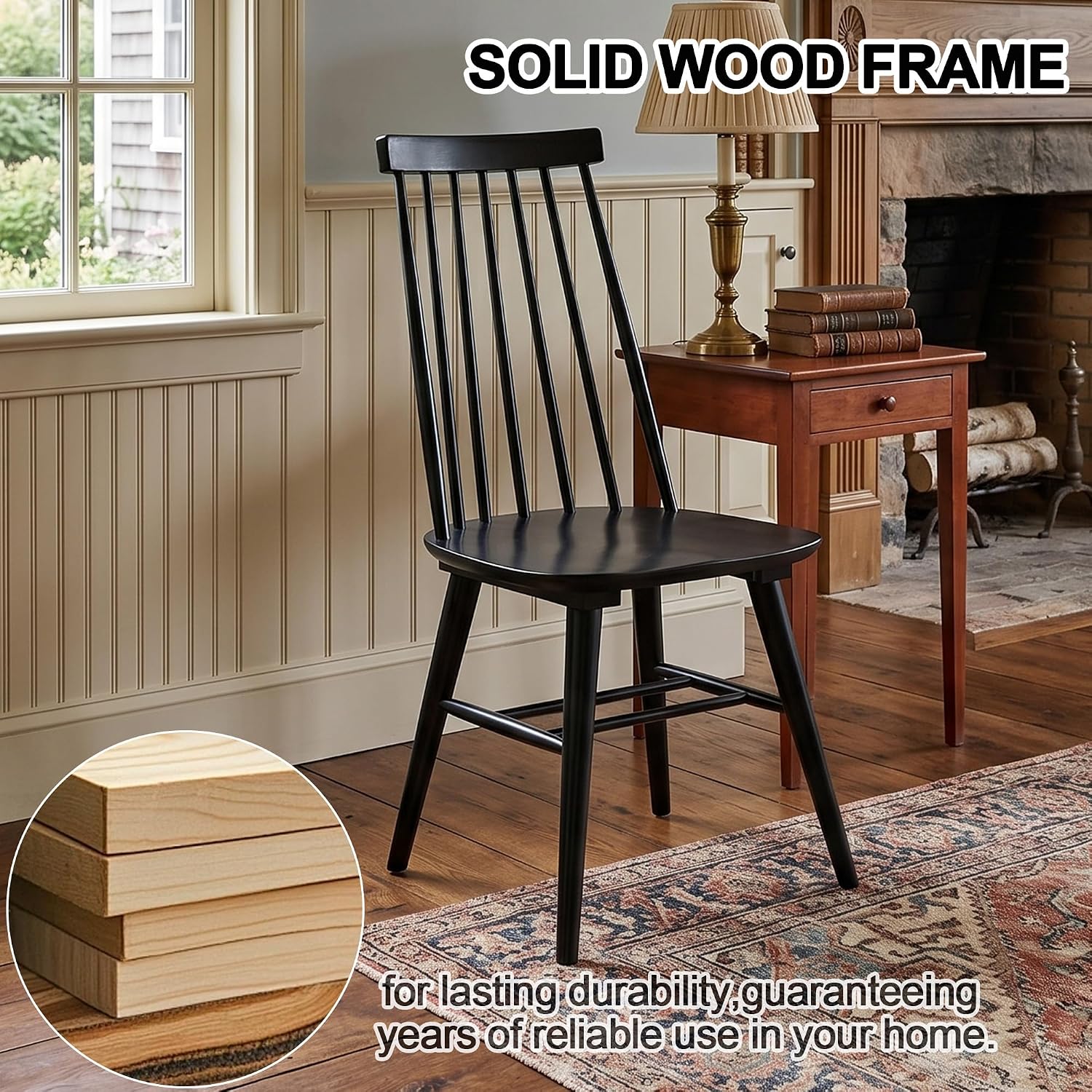 DUHOME Windsor Dining Chairs Set of 6 Wood Dining Room Chair Slat Back Kitchen Room Chair Side Chair (Black, 6 PCS)