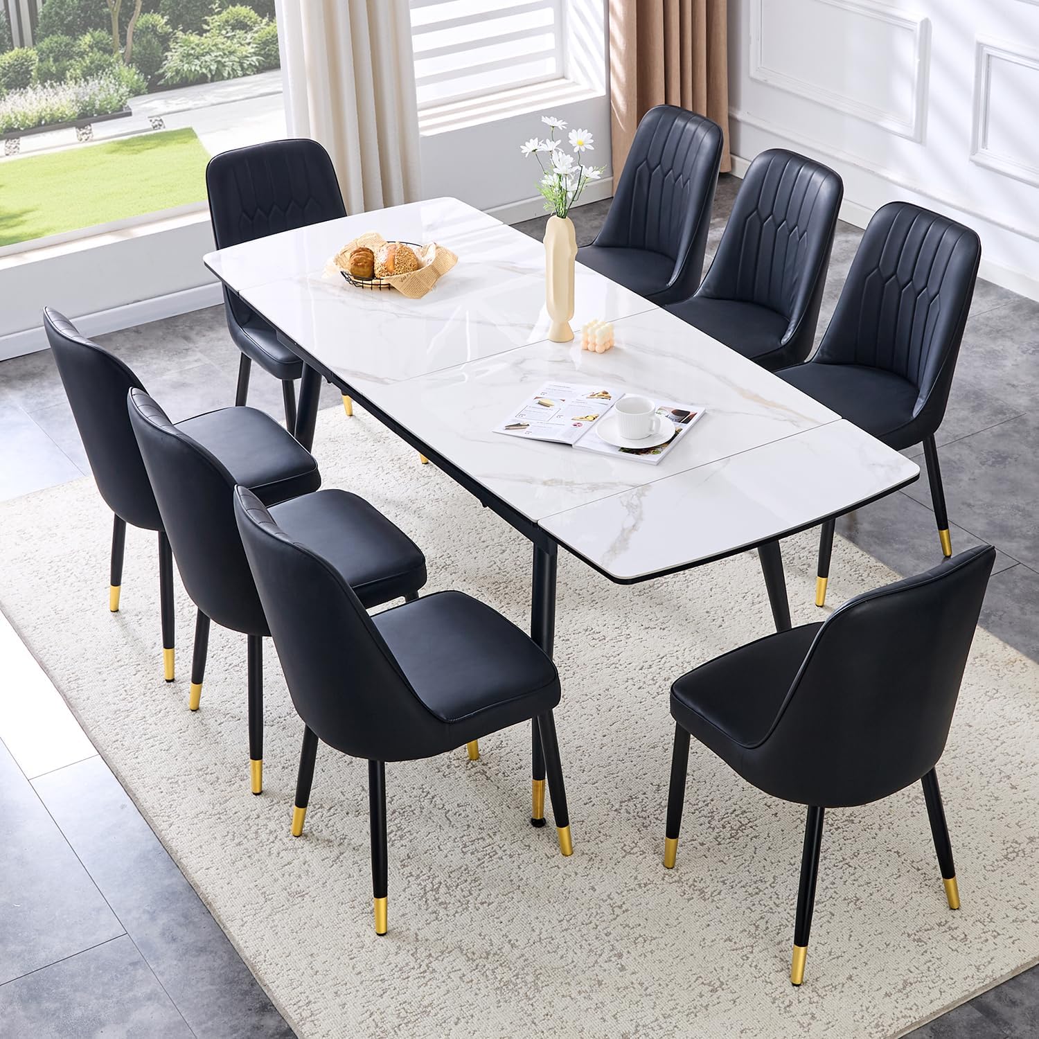 Extendable Dining Table Set for 8, 55"–79" Rectangular Dining Table with White Sintered Stone Top and 8 PU Leather Chairs, Modern Kitchen & Dining Room Table for Family Gatherings, Built to Last