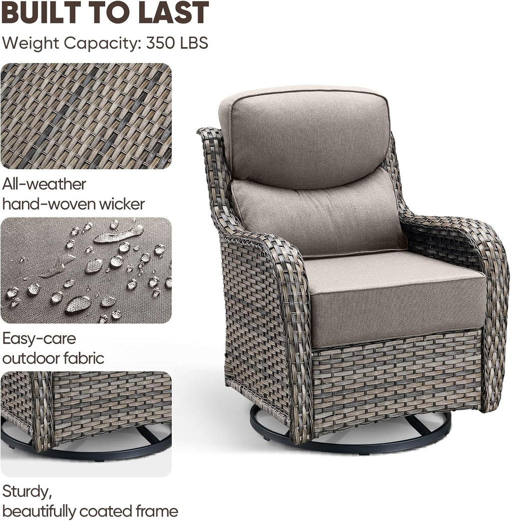 Swivel Patio Chairs sofa Set of 2 with 6" Thick Cushion - Wicker Outdoor Swivel Rocker Patio Chair ,Sofa/Glass coffee table, High Back Comfortable Outdoor Glider Chairs - Grey Wicker | Grey Cushions
