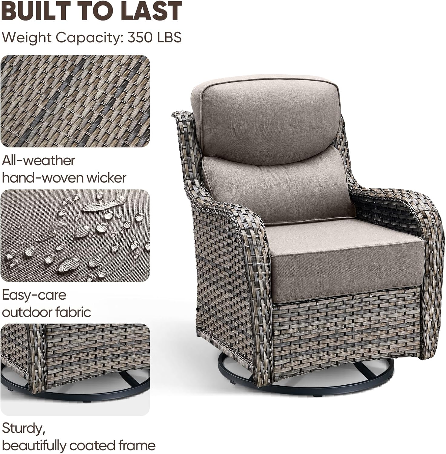 Swivel Patio Chairs sofa Set of 2 with 6" Thick Cushion - Wicker Outdoor Swivel Rocker Patio Chair ,Sofa/Glass coffee table, High Back Comfortable Outdoor Glider Chairs - Grey Wicker | Grey Cushions